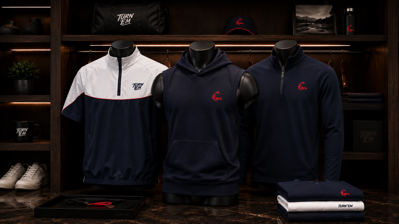 TURN 'EM apparel laid out in the wardrobe